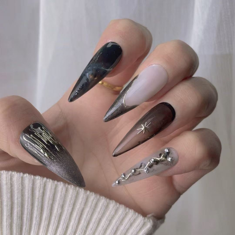 Handmade Carved Pointy Style Press on Nails No.2