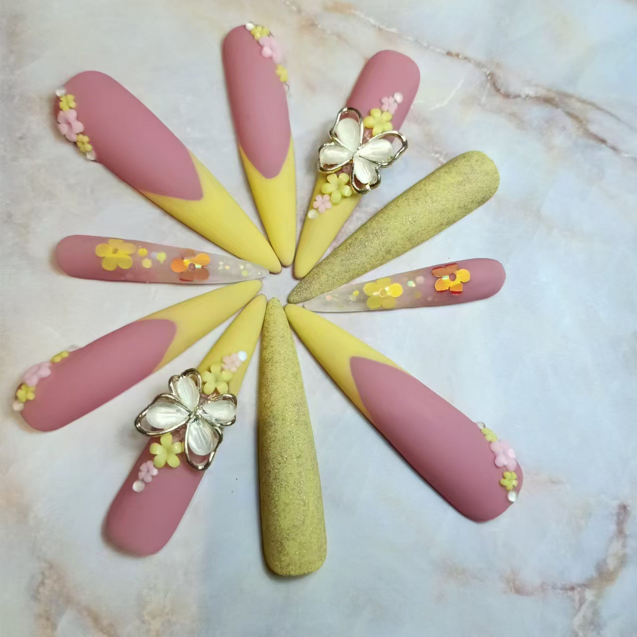 Frosted French Butterfly Floral Super Long Handmade press on nails