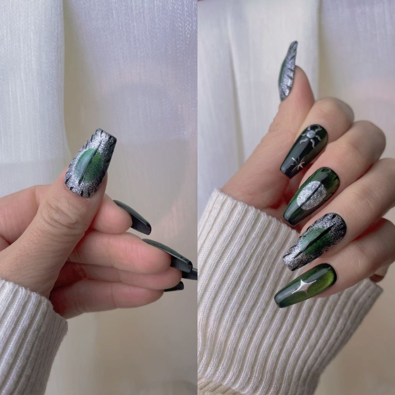 Dark Devil's Y2g Dark Green Cat's Eye Press On Nails Live No.63