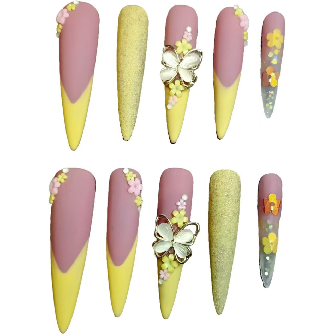 Frosted French Butterfly Floral Super Long Handmade press on nails