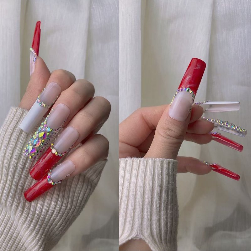 Red and White Marbling Super Long Press on Nails