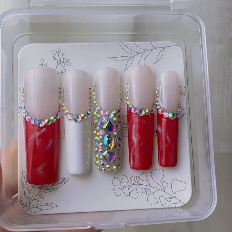 Red and White Marbling Super Long Press on Nails