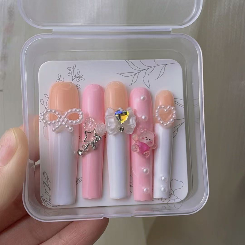 Cute Pink and White Bear Long Style Press on Nails