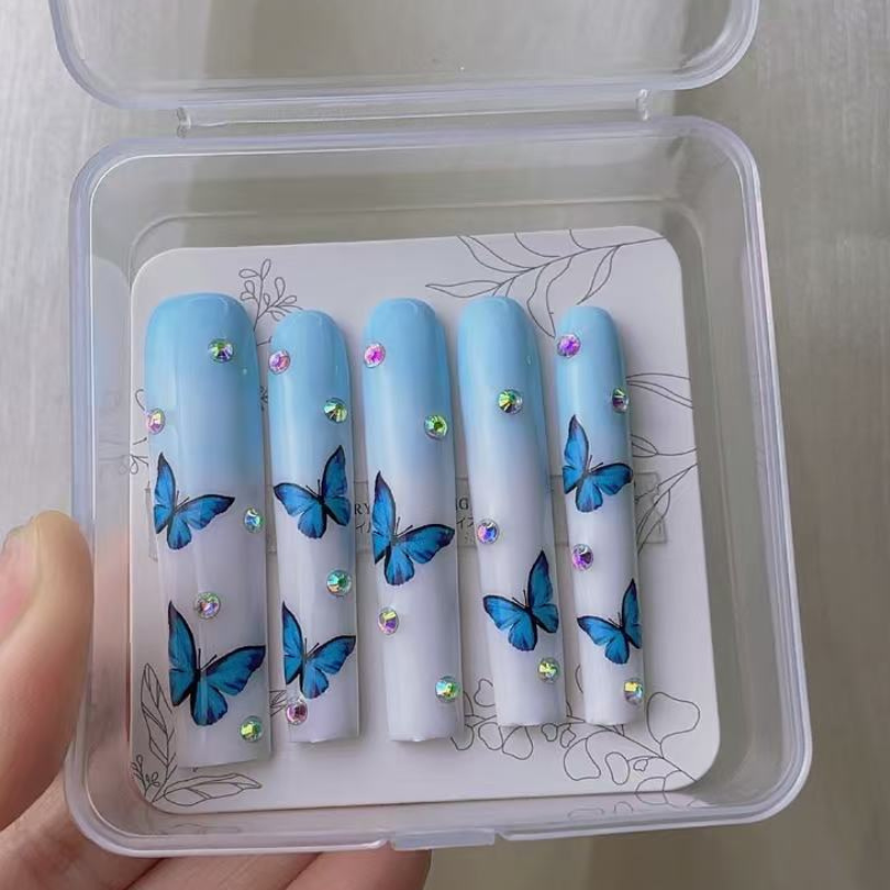 Extra Long Blue Butterfly Press on Nails