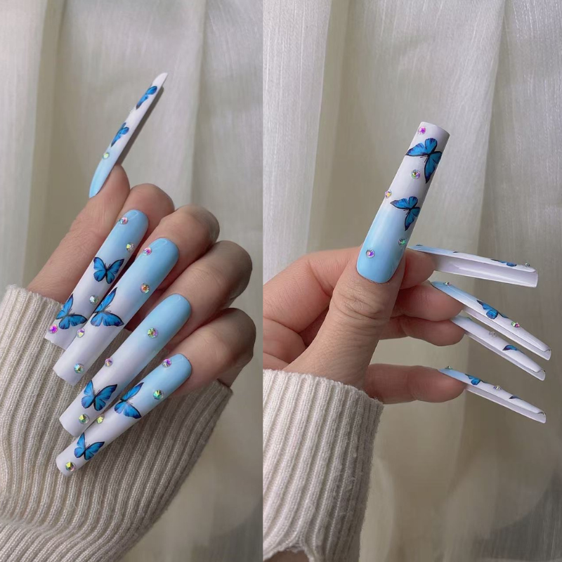 Extra Long Blue Butterfly Press on Nails