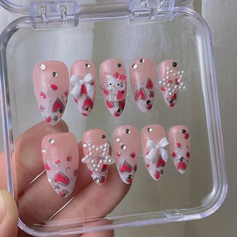 Handmade Almond-Shaped Cartoon Kitty press on nails No.80