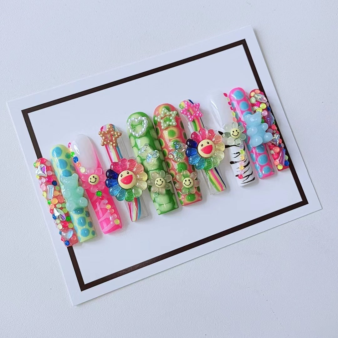 Long Colorful Small Flower Cute Press on Nails