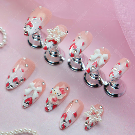 Handmade Almond-Shaped Cartoon Kitty press on nails